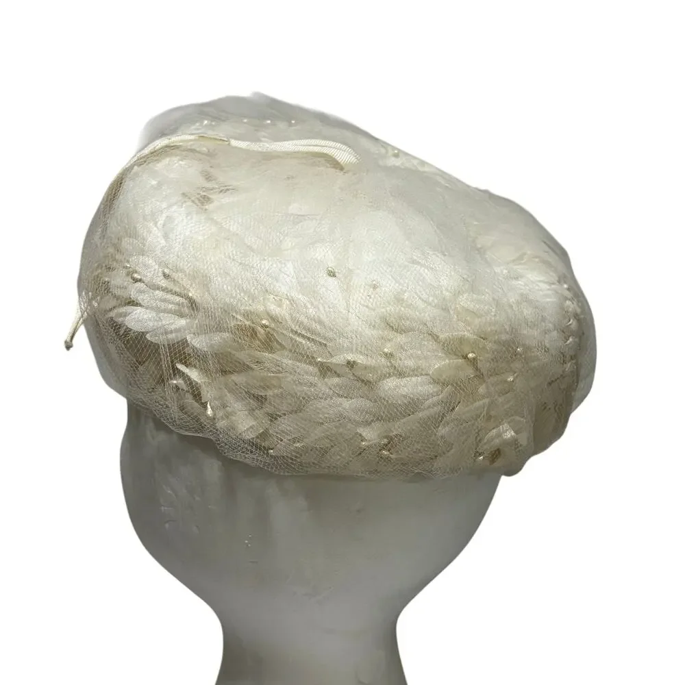 Vintage Mid Century White pillbox hat by Dana Marte bridal silk floral & beads